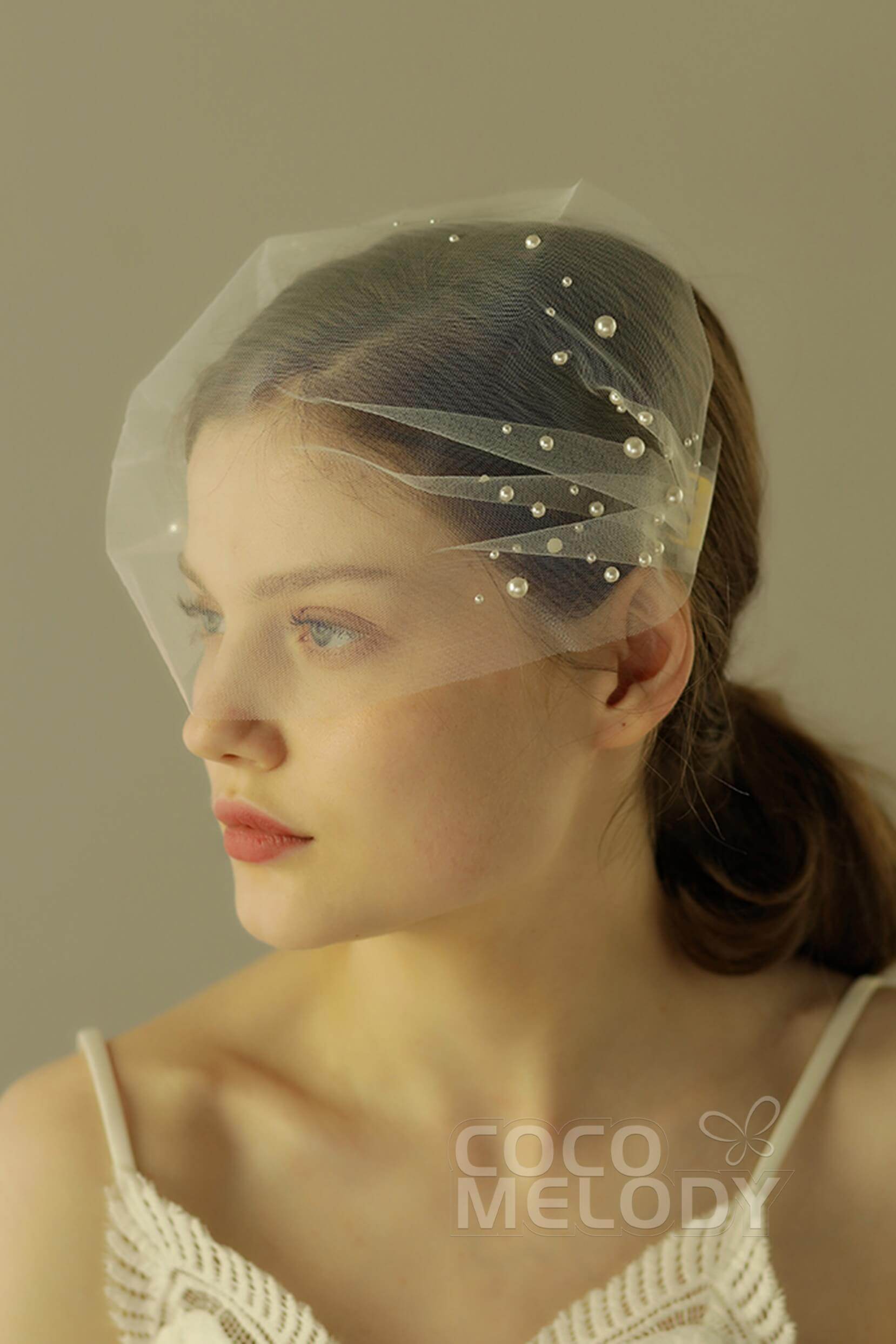 One-tier Cut Edge Tulle Blusher Veils with Beading CV0240 - COCOMELODY